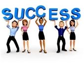 Image of cartoon people holding up word success