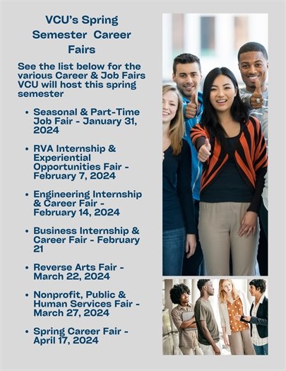Image of students and list of VCU spring job fairs